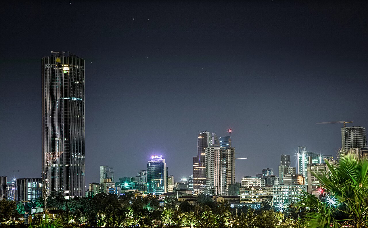 The Addis Ababa skyline lit up at night