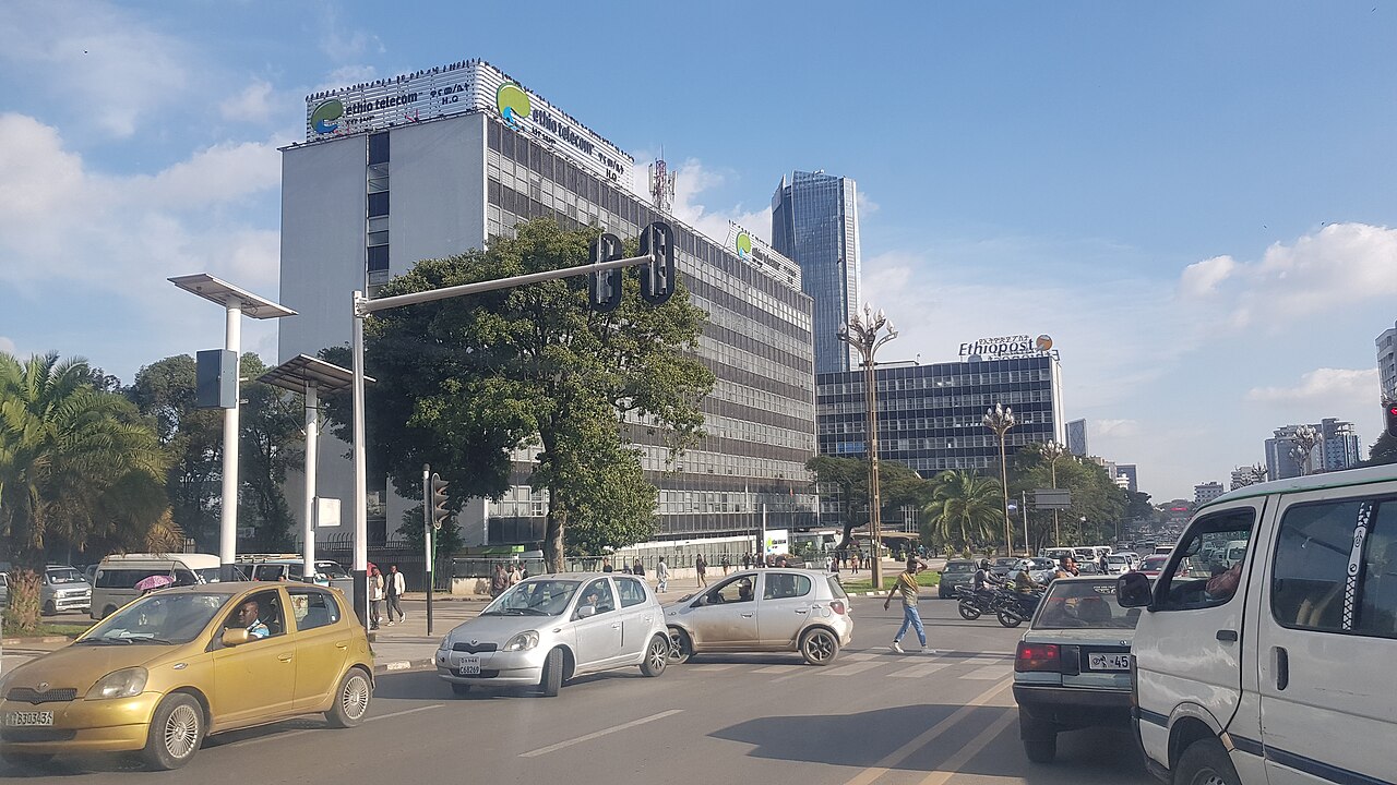 Ethio Telecom’s headquarters building above traffic on an Addis Ababa street